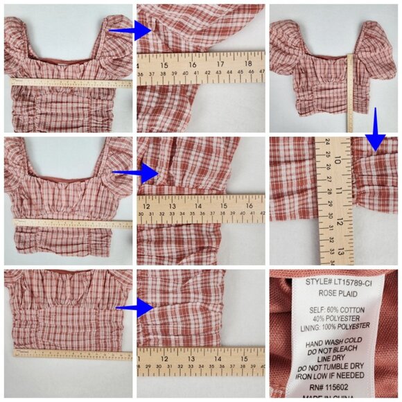 Vestique Pretty in Plaid Cropped Top with Puff Sleeves Size M Rose Pink - Picture 6 of 7